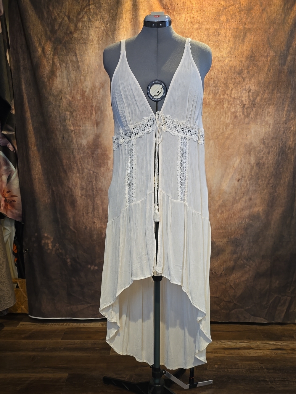 Xhilaration Beige bohemian gauzy vest/coverup with hi-low hem and lace detail,xl